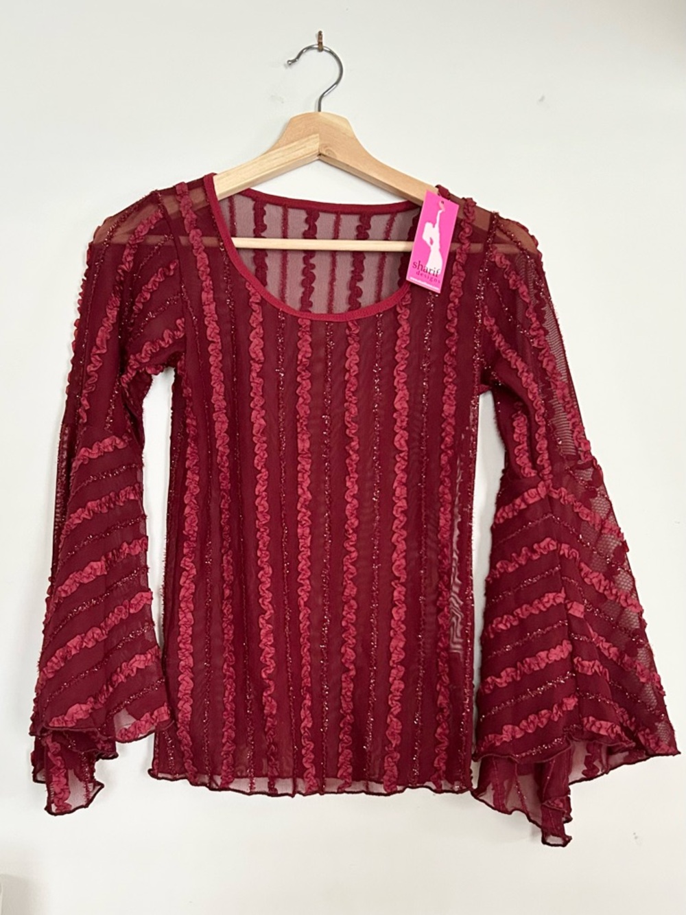 nwt SHARIFWEAR Wine Sheer Ruffle Bell-Sleeve Bellydance Top